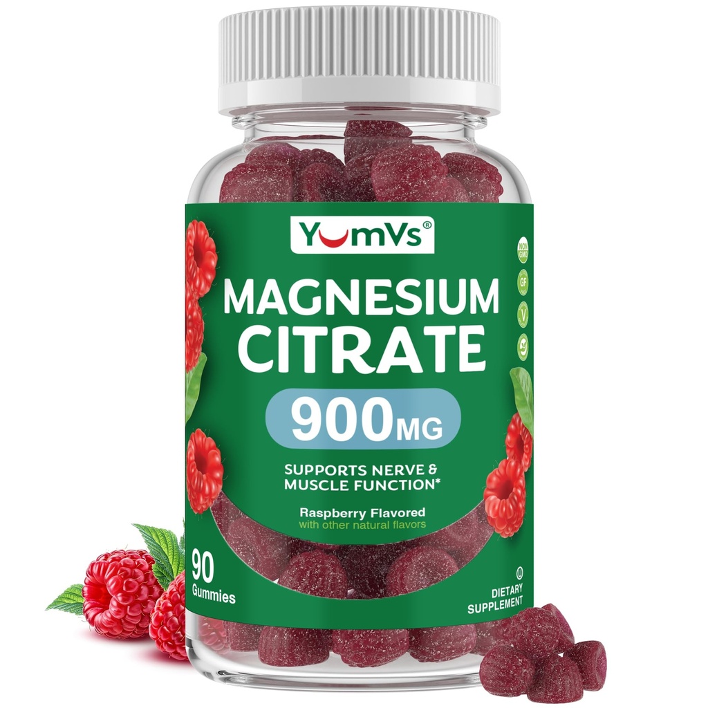 YUM-V's Magnesium Citrate Gummys – 900mg 女性和男性支持神经、肌肉和酶功能的高度耐受性镁Gummys – Gluten-Free, Kosher & Raspberry Flavor(90 Counter)