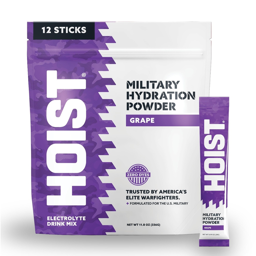 HOIST Electrolyte Drink Mix Powder Sticks – 快速补水,军用水分公式 – 葡萄(12个单服务包)