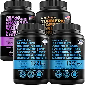 MEDCHOICE Sleep Melatonin(90cm),Turmeric & Ginger(120cm),和Nootropic Brain(120cm) 补充 Bundle - 脑,睡眠,和免疫支持的健康三重体 - Vegan, Non-GMO, Gluten-Free