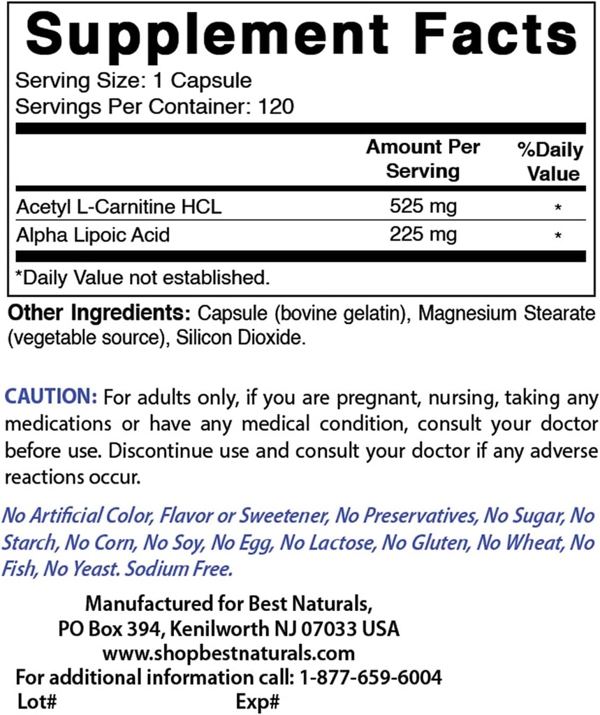 最佳天然乙酰L-Carnitine和Alpha Lipoic酸 750 mg & B-100 复合物