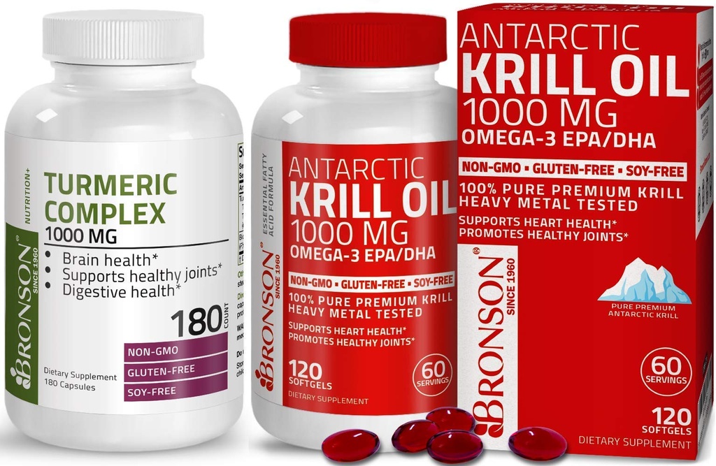 Bronson Turmeric Curcumin with BioPerine HighPotency Premium 联合支持 + Bronson Antario Krill Oil 1000 mg with Omega-3s EPA, DHA