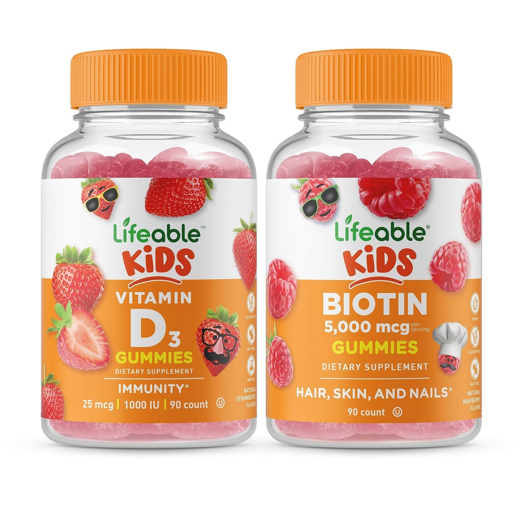 活生生的维生素D儿童 + 生物素儿童,Gummys Bundle - Great Tasting, Vitamin 补充, Gluten Free, GMO Free, Chewwable Gummy (英语).