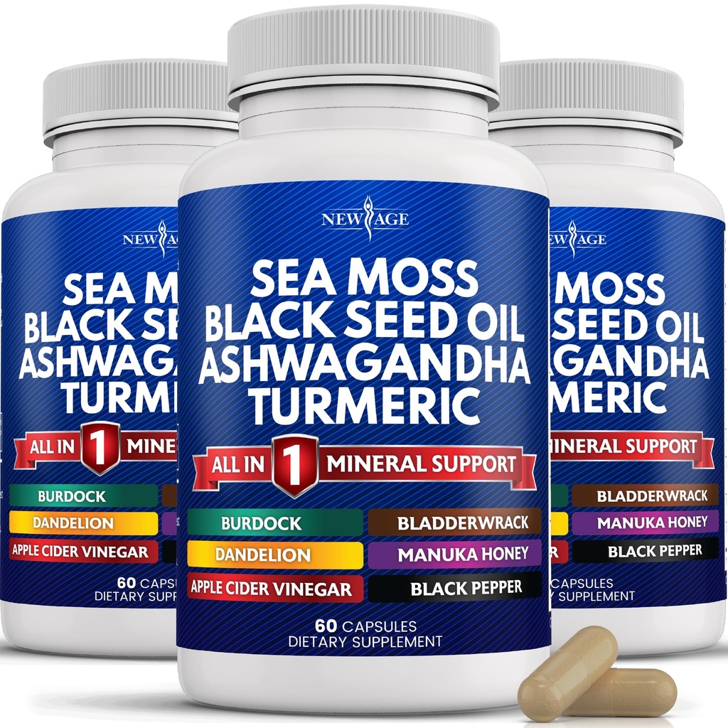 新AGE Silica Sea Moss, 黑种子油, Ashwagandha, Turmeric, Bladderwrack, Burdock - 与马努卡, 蜂蜜丹德利翁, ACV 黑辣椒 Gluten Free