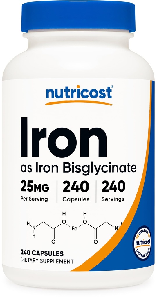 营养成本铁比斯格化补充物(25mg) 240 Capsules - 来自Ferrous Bisglycinate Chelate - 非GMO & Gluten - 无