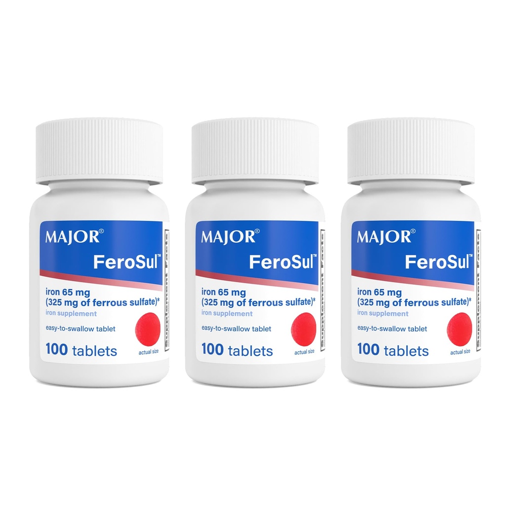 Ferosul少校 - Ferrous Sulfate 325mg 含65mg元素铁片 - 女性的铁辅料 男性 - 红色 - 100块(3包)