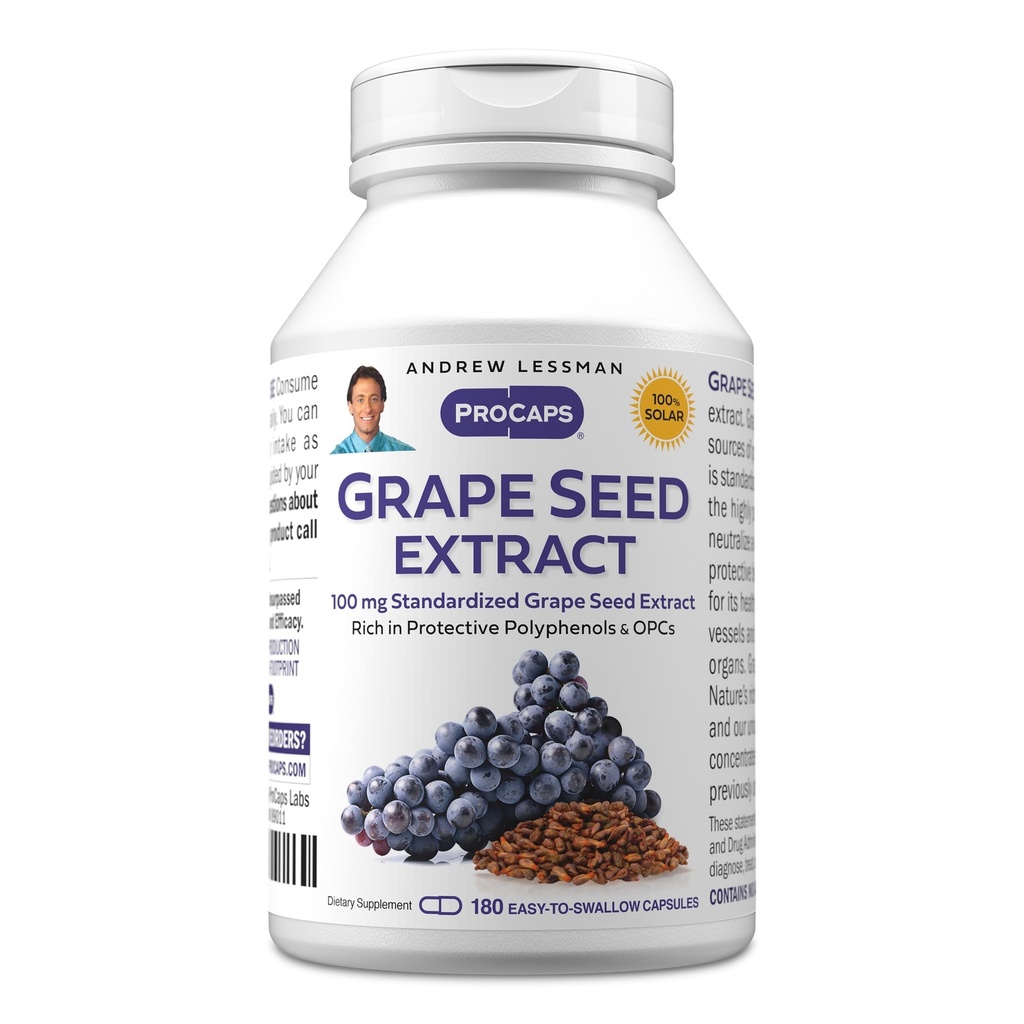 AndreW Lessman Grape种子节选 180 Capsules - 100 mg 标准化节选 抗氧化剂 中性坝材自由基,支持健康循环. 保护多酚富含