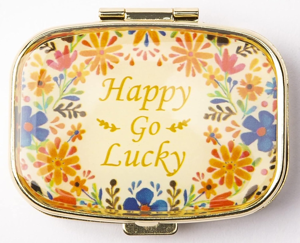 AmyZone Metal Pill Organizer Travel Friendly Portable Compact Pill Box Cute Pill Case to Hold Vitamins/Tylenol/Fish Oil/Supplements/Meds/Tablet for Purse/Pocket(Happy Go Lucky)