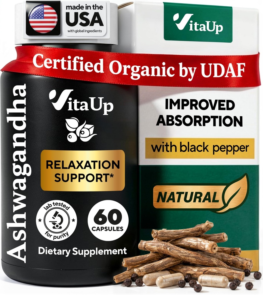 Ashwagandha Capsules 1310mg with Black Pepper - USA Made Ashwagandha 放松支持、正常认知功能和平衡能源水平补充品 - 60 caps