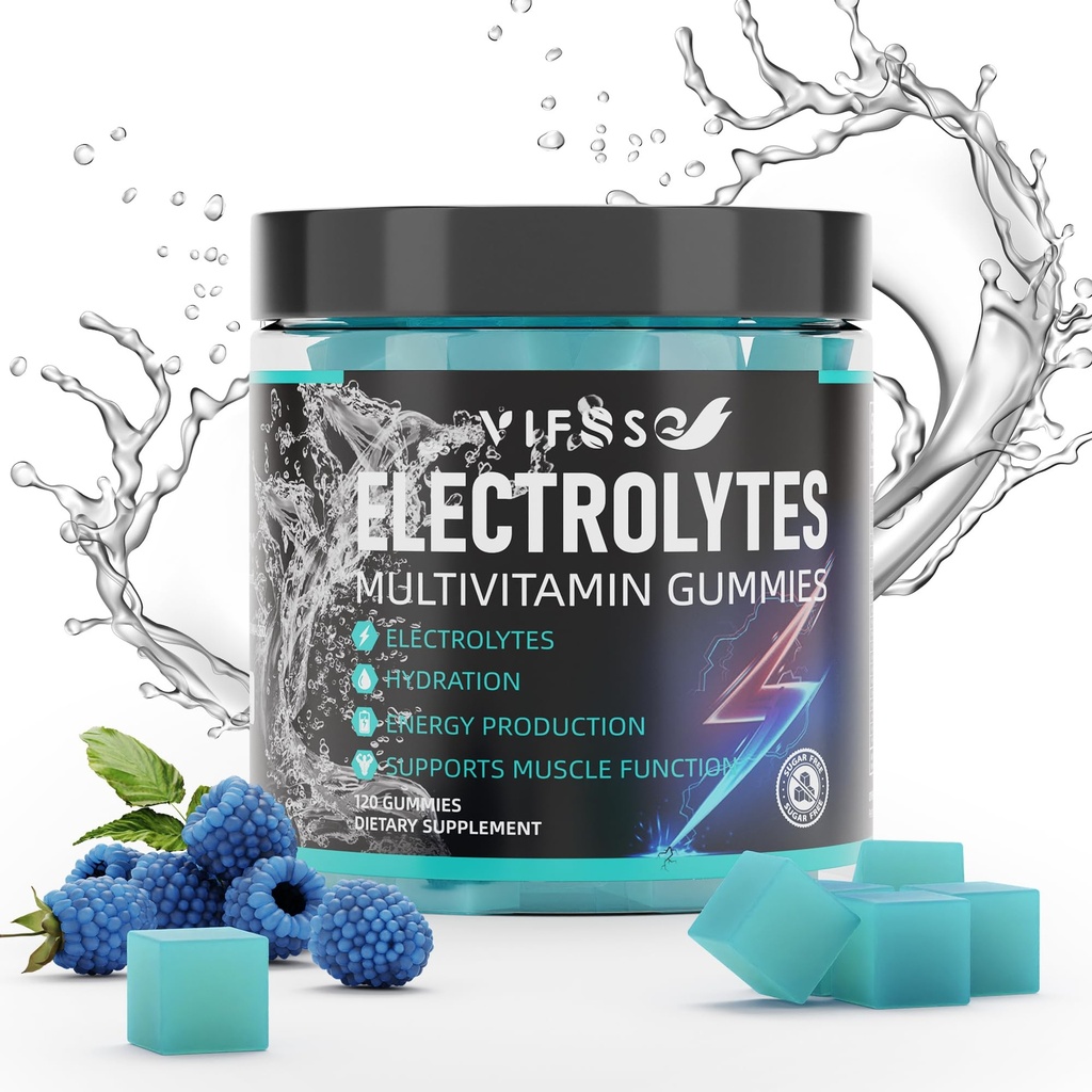 电解液 Gummys No Sugar,120 Chewable Electrolyte Gummys 配有6个电解液,用于跑车和耐力运动,刷新蓝莓,水解电解液 Chews, 1 Pack
