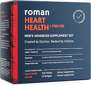 ROMAN 心脏健康 男子日营养补充剂:心血管支持、特质镁、维生素K + D3、CoQ10和螺旋藻30天供应(120片+60鱼油软胶)