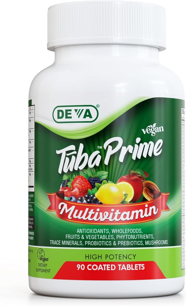 DEVA Tuba Prime Vegan 多维明 - 高剂量维生素和矿物膳食补充剂 - 抗氧化剂,水果和蔬菜混合剂,超级蘑菇,Probiotics, Prebiotics,种子,草药 - 90片