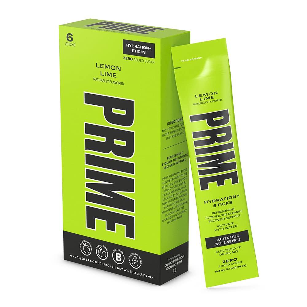 PRIME HYDARINT + 棒柠檬 → 水解粉 单份服务棒 → 电解粉 上 → 低糖 → 咖啡因 无糖 → → + 维根 → 6 棒