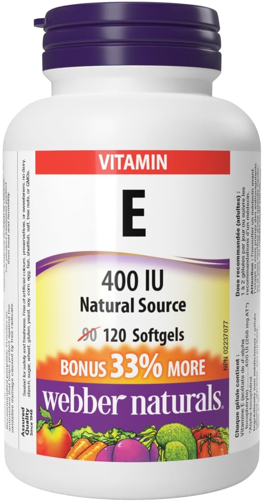 Webber 天然维生素 E 天然源软胶,400 IU-120 软胶