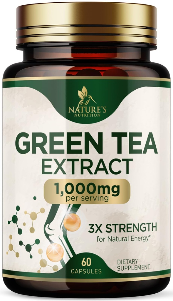 绿茶抽取1000毫克 - 45% EGCG和98%的多酚标准化 - 3X 强绿色茶药用于自然能源 - 支持心脏健康,草药补充剂,Vegan,非GMO - 60卡普尔