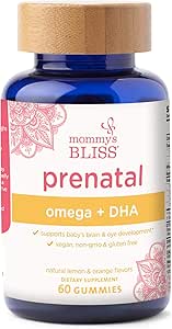妈咪Bliss 产前维生素与Omega & DHA:支持婴儿脑眼发育与维生素C,Omega 3,6,9,DHA,Vegan,Gluten Free,Non-GMO,60 Gummys(20位服务员).