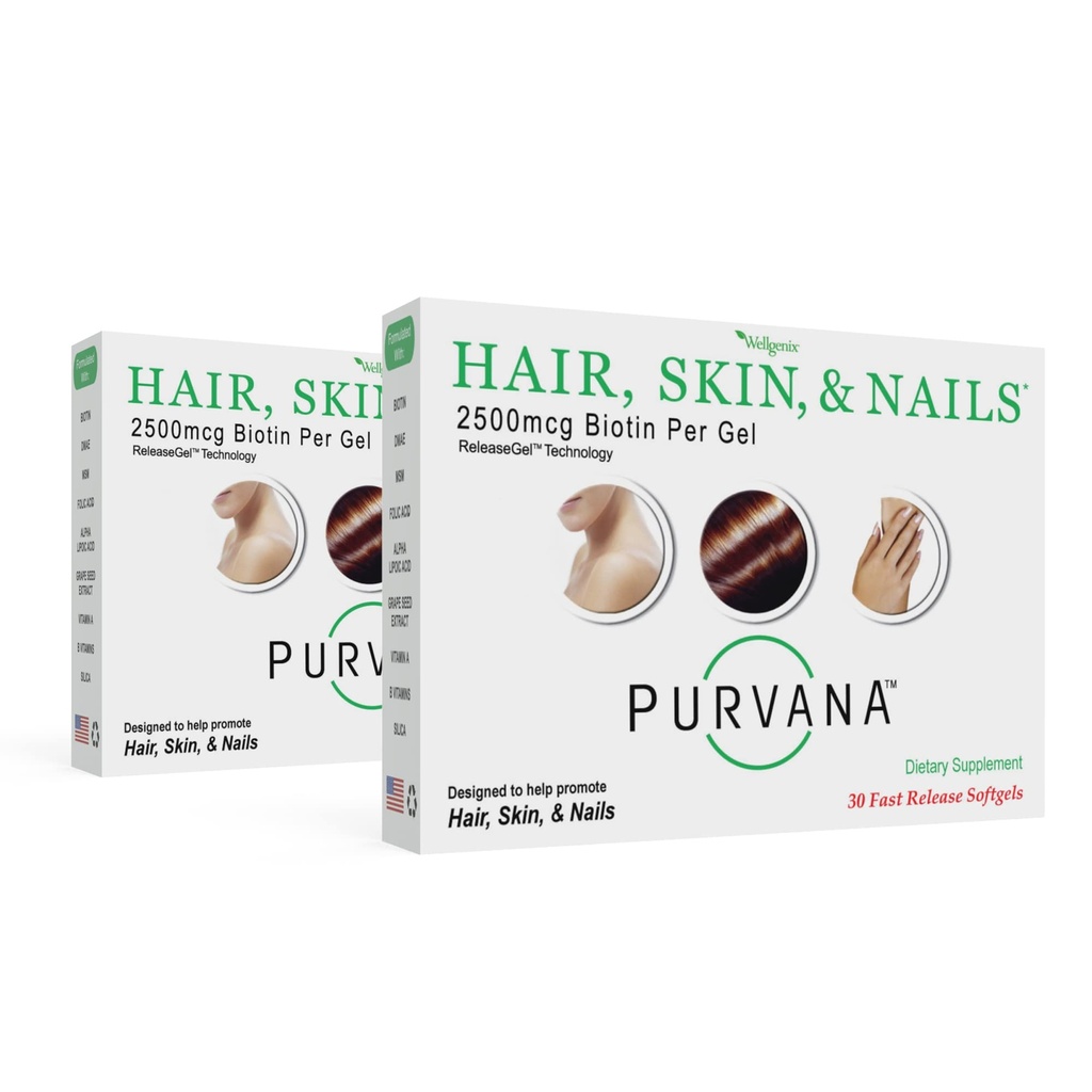 Wellgenix Purvana Hair, Skin, and Nails Vitamin - 高吸收的软胶 - 双强 2500mcg Biotin, VIT A & B (30 Counter) (Pack of 2).
