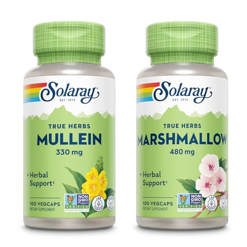 SOLARAY Mullein Leaf 330 mg and Marshmallow Root 480 mg - Wellness Bundle - Herbs High in Mucilage Soluble Fiber for Soothing Support - Vegan, Non-GMO, Lab Verified, 60-Day Guarantee, 200/100 VegCaps