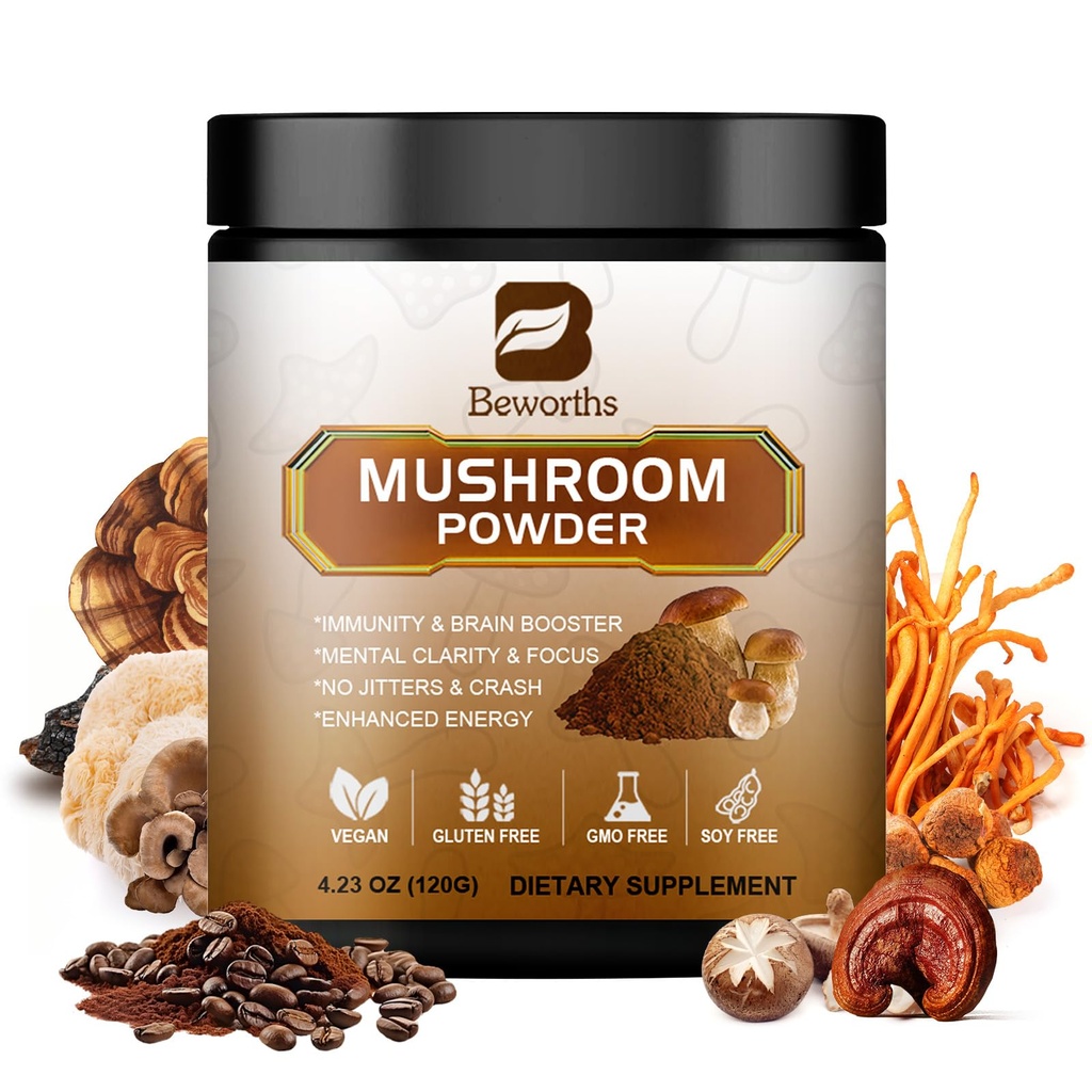 蘑菇咖啡 - Lions Mane Mushroom Power 即时咖啡 配有狮子的Mone,Reishi,Chaga,Cordyceps,土耳其的Tail - Mushroom Coffe替代能源,精神清晰和焦点,脑促进器