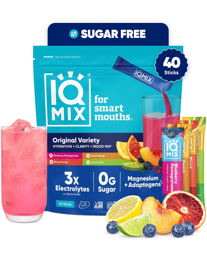 IQMIX 水解电解石粉 — 4- in-1 水解,精神清晰,摩德和复苏的公式 — 无糖饮料混合, Keto, 镁 L- 热液, 狮子的马内 – 40 Counter Variche Pack