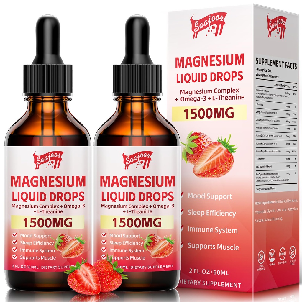 2 Pack 甘油酸镁液滴,1500mg 甘油酸镁液补充剂,配有维生素B6,D3,L - Theanine, Omega3,支持夜,肌肉,Bone,Mood,草莓火焰 - 4 Fl Oz(120ml)瓶