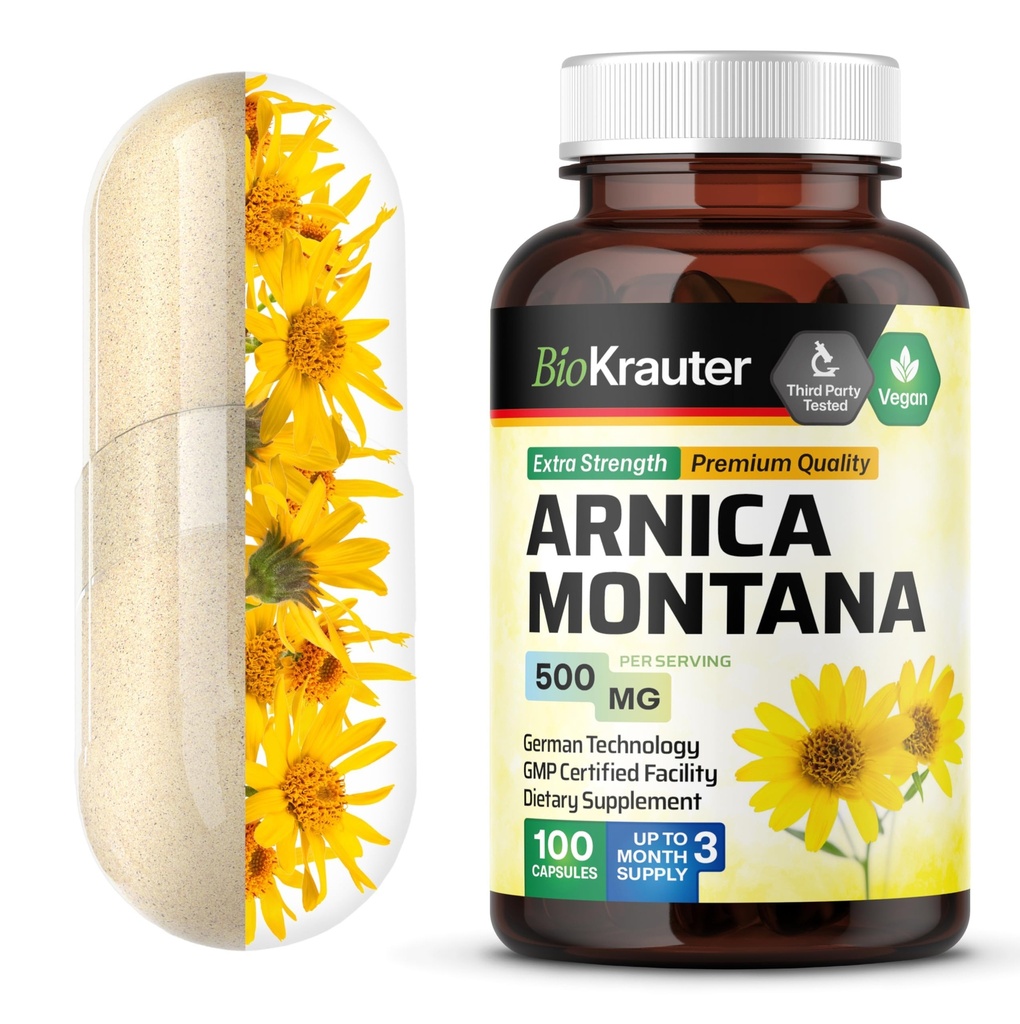 BIO KRAUTER Arnica Montana Capsules - 500 mg Arnica Capsules for Bruising and Swelling - Vegan - 100 计数