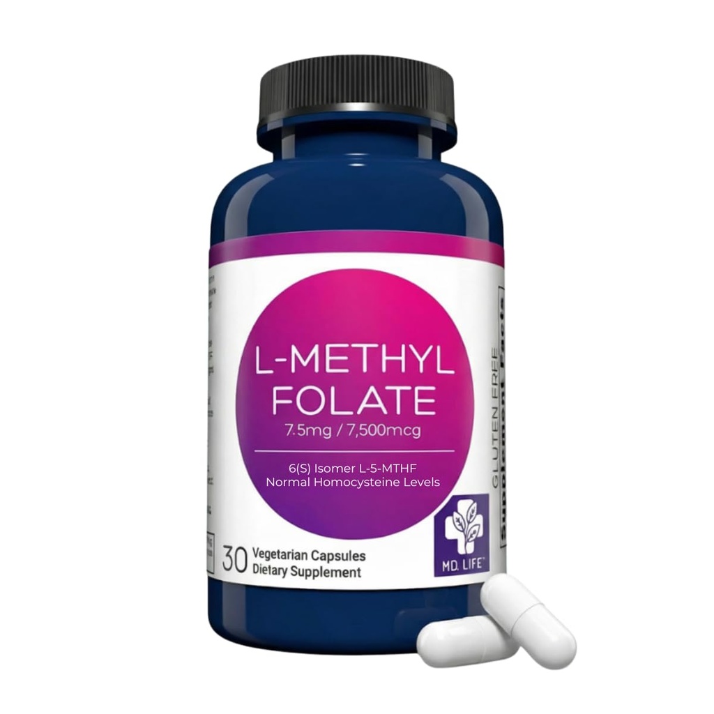 MD 生命 L-甲基乙二醇 7.5 mg 补充剂 - 专业-格氏活性 L Methylfolate 补充剂 - 30 Capsules - L-Methylfolate 7.5mg - 最大概率 MTHFR W/基本氨基酸
