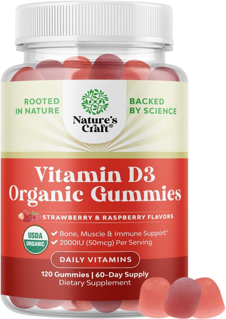成人有机维他命D型Gummys – 日用维加文维他命D3 2000IU – USDA 成人健康有机维他命D3 非转基因Gluten免费2个月供应