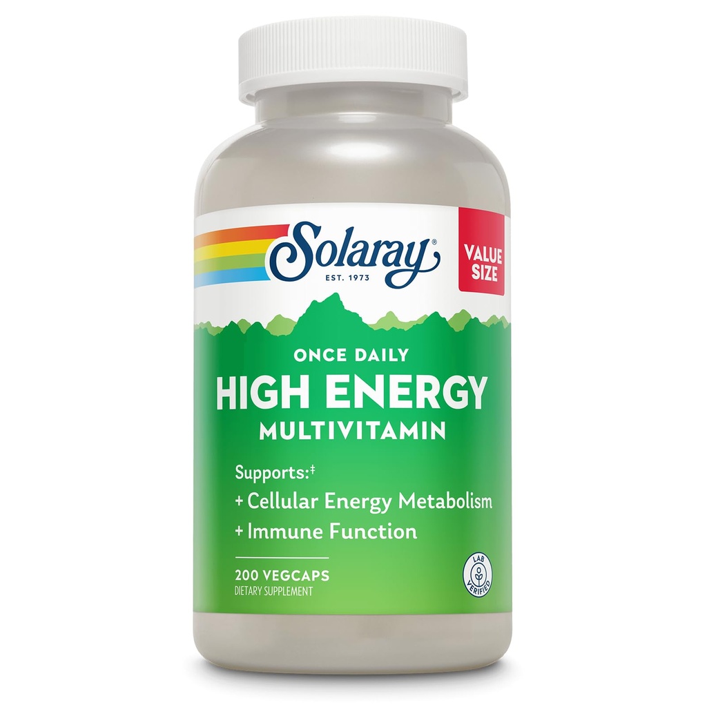 SOLARAY Once Daily High Energy Multivitamin for Women and Men – with Vitamin C, Vitamin D and Whole Food & Herb Base - Cellular Energy Metabolism & Immune Function Support – 200 Servings, 200 VegCap