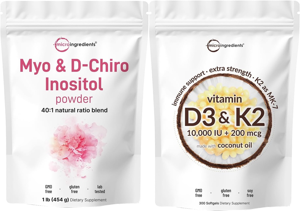 微成份 维生素 D3 10,000iu + K2 200mcg 椰油软胶 & Myo & D-Chiro Inositol Powdle 2 Pack + 基本阳光 维生素 + 女性Inositol 补充品