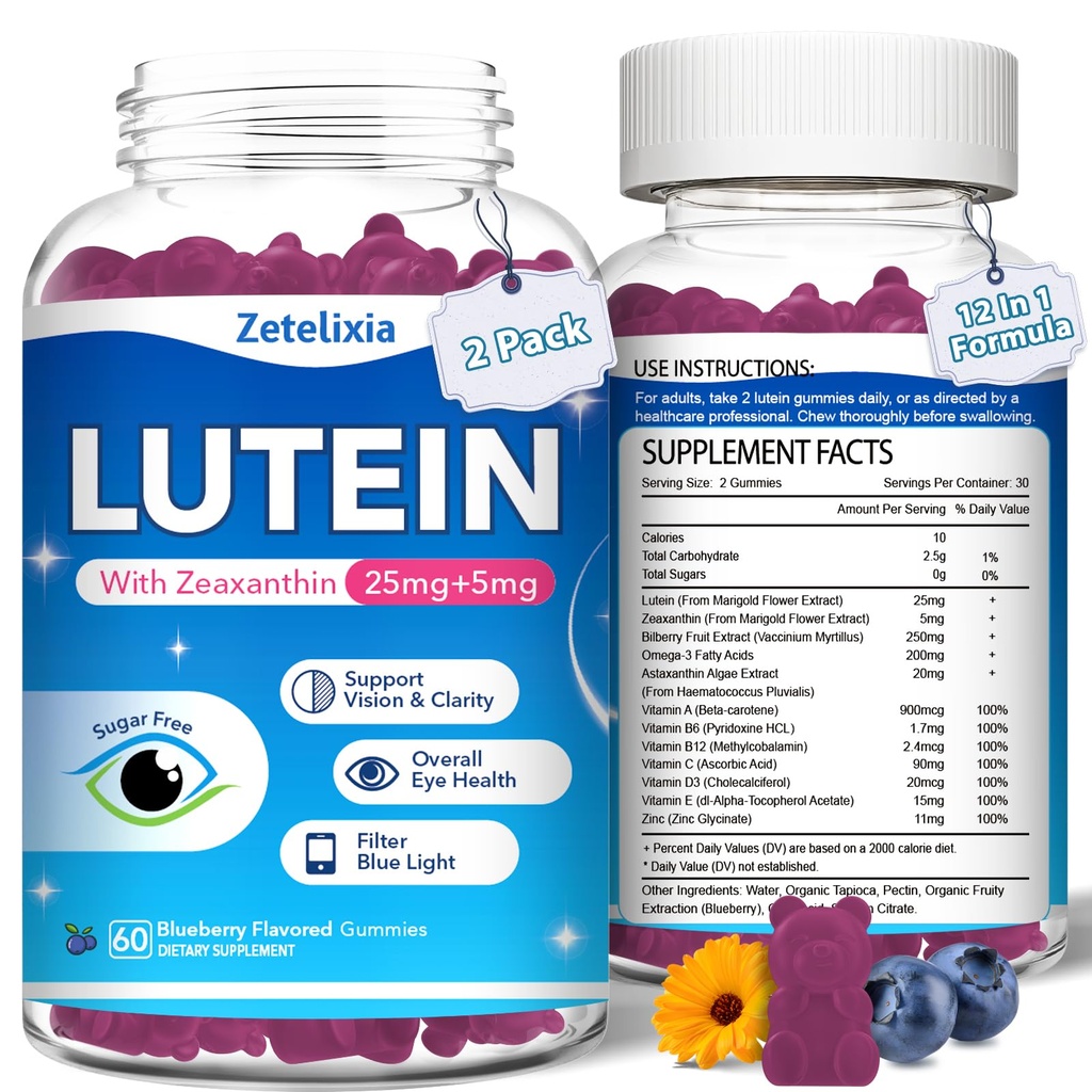 2 Pack Lutein Gummys,12 in 1 Lutein and Zeaxanthin 成人眼维生素补充剂,多维素促进眼和视觉的眼健康补充剂 - 120 Gummys