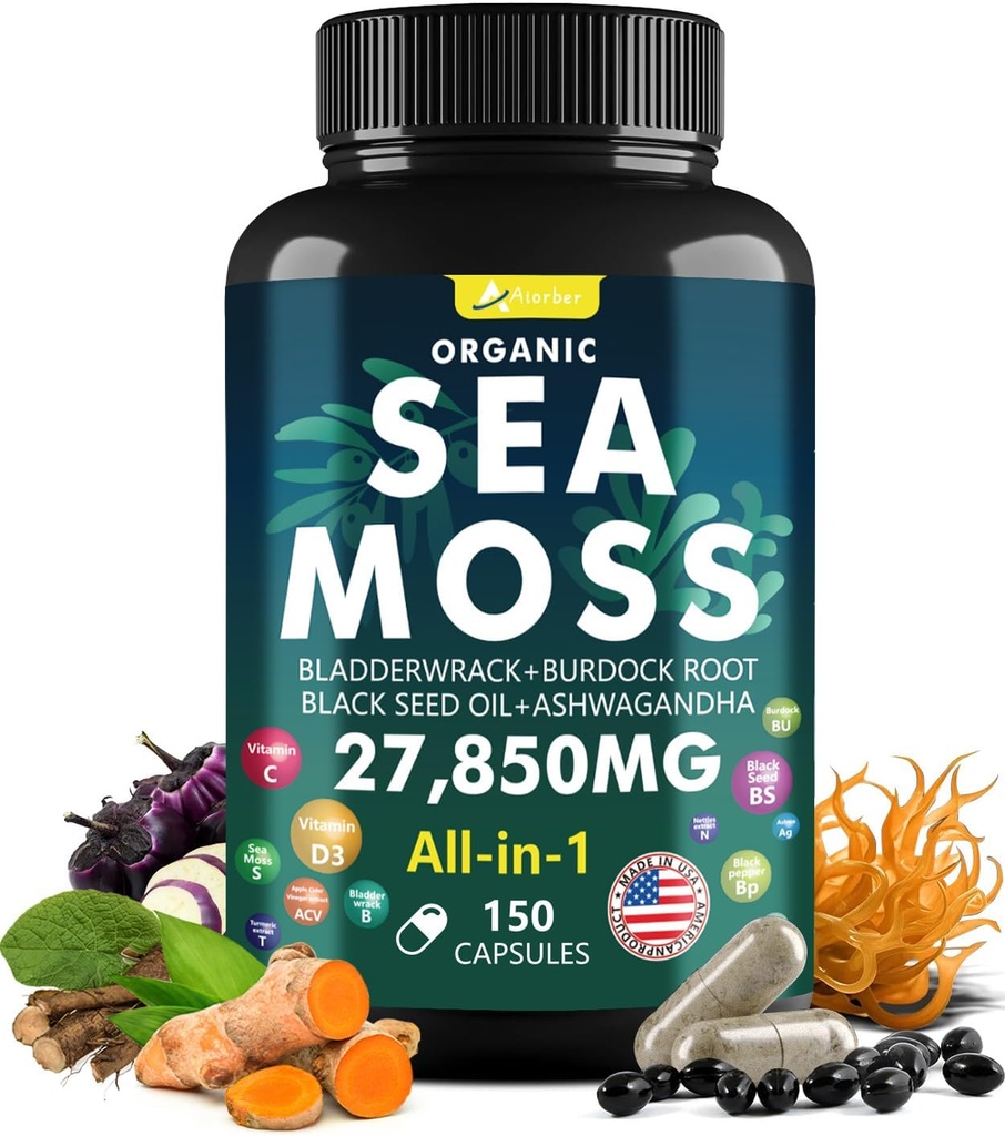 Sea Moss Capsules 综合体 黑种子石油 Aşhwagandha, Burdock Root, Bladderwrack 姜汁维生素多矿补充剂 - 爱尔兰野生海摩斯药丸 高级男女混合剂 (150 Capsules)