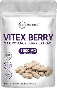 Vitex Berry 补充材料,1000mg 个人服务,240 caplets | Potent Chaste Berry 摘录 | 促进妇女月经、生育力和荷尔蒙平衡