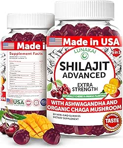 Lunakai 美国制造纯Shilajit Gummys 1200mg 与 Ashwagandha & Chaga-喜马拉雅Shilajit 用于男女、能源和生命力支持,60厘米