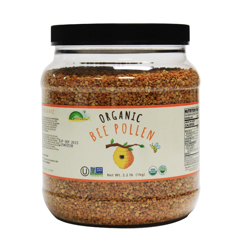 Greenbow Organization Bee Pollen - 100% UDA认证有机物,非GMO,Halal,Kosher认证,纯和天然Bee Pollen - 以蛋白质,维生素和矿物包装的超级食品 - Gluten Free - 1 000g