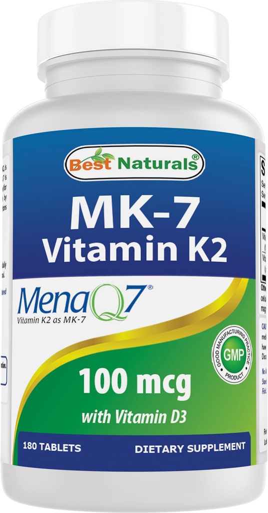 Best Naturals Vitamin K2(MK7),配有D3 补充骨骼和心脏健康(5000 IU Vitamin D3 & 100 mcg Vitamin K2 MK7),180 片