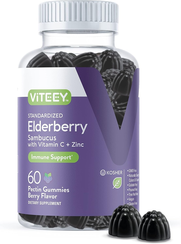 Viteey Sambucus 老年人的草莓果酱 – 长莓维生素C和锌类的豁免 – Vegan, Gluten-Free – 60 Counter