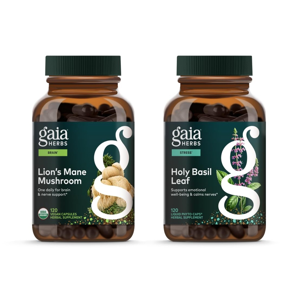 Gaia Herbs Lion的玛恩蘑菇 - 帮助维持神经健康 - 120 Vegan液态植物-Capsules & Holy Basil Leaf - 帮助维持紧张时期的积极心态和平衡 - 120 Vegan Li