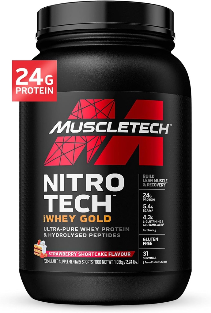 Whey蛋白粉,MuscleTech Nitro-Tech 黄金蛋白粉,Whey蛋白互不相干 平滑混合,女性和男性蛋白粉,草莓蛋白粉,2 lbs(28 Serve)-包装不一.