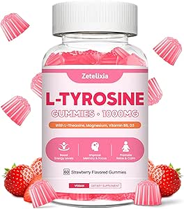 L Tyrosine Gummys, L-Tyrosine Supplement Gummys, L-Thenine Gummys with Vitamin B6 D3, Focus Gummys 支持大脑,记忆,能源,成人和孩子的Mood,草莓火焰, 60 Counter