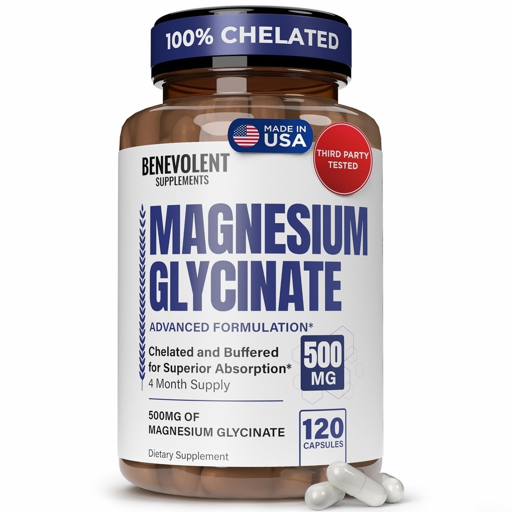 甘化镁500mg - Chelated & Buffered High Absolutement 镁补充剂,用于支持压力缓解,文摘,骨骼,睡眠,神经和肌肉健康 - 在美国制造 - 120 Vegan Capsules