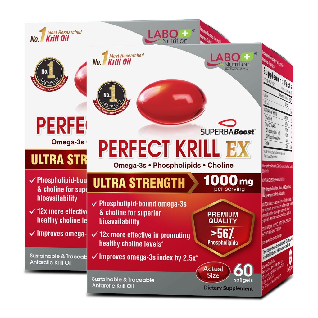 LABO 营养 完美 Krill EX, 1000mg 南极 Krill 石油 Omega 3 EPA DHA, 最高磷脂(56%以上) 与Choline, Astaxanthin QQ 心脏脑眼联合健康, 在美国制造, 60 软胶X2