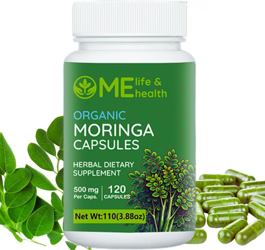 ME Life & HEALTH Moringa Capsules, 100%有机莫林加 oleifera Leaf,纯莫林加粉, mmune系统, 必需维生素和氨基酸 N-GMO & Gluten Free, Pure & Natural 120 ct. 500mg 盖