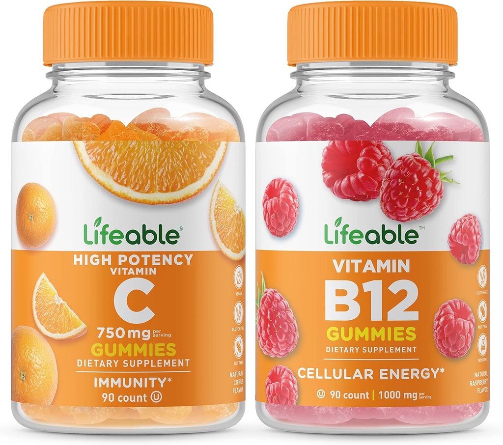 活生生的维生素C 750mg + 维生素B12,Gummys Bundle - Great Tasting, Vitamin Supplement, Gluten Free, GMO Free, Chewable Gummy (英语).