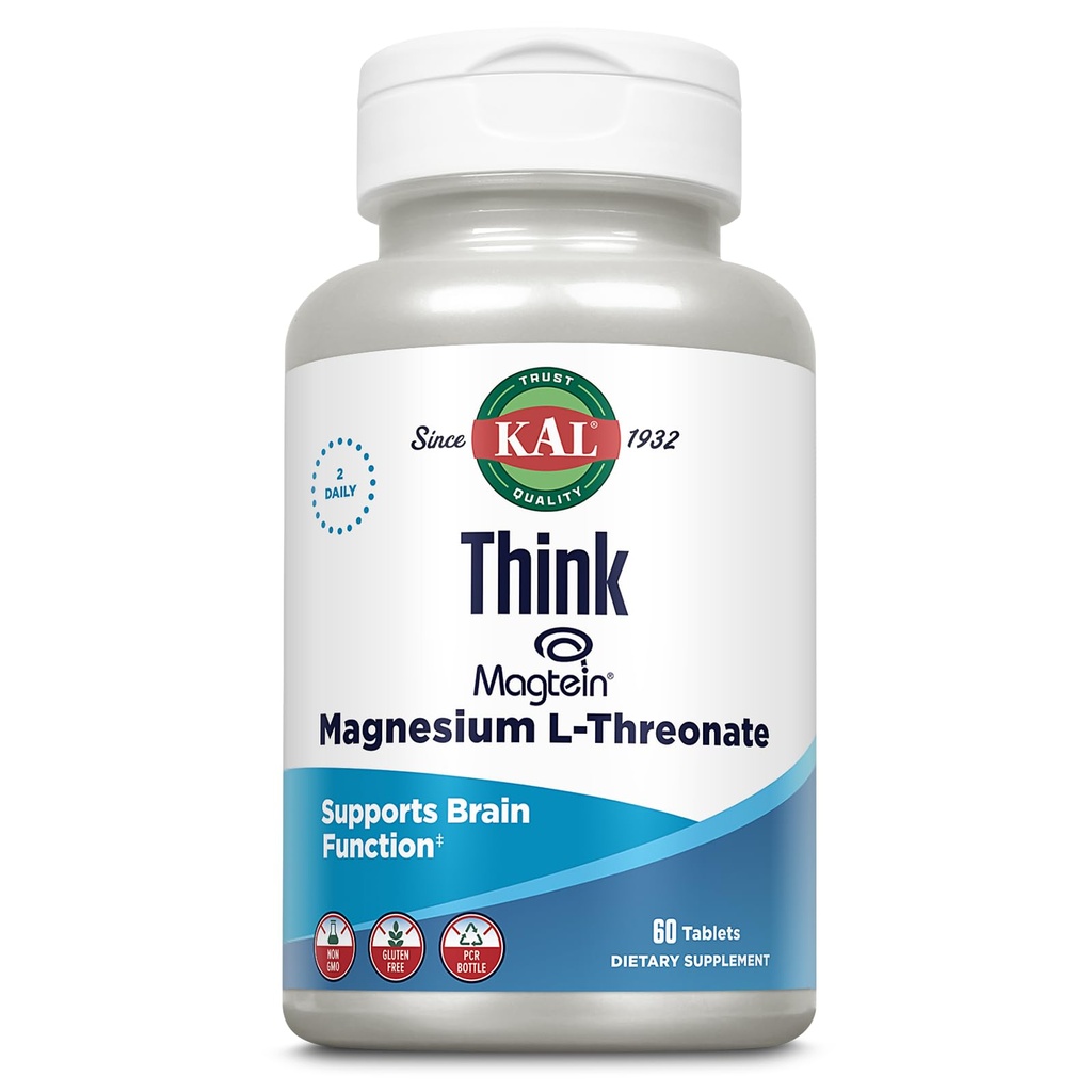 KAL Think Magnesium L-Threonate 2000 mg QQ 学习,脑健康与记忆功能支持 w/Magtein QQ Vegan, No Gluten & Non-GMO QX 60 片
