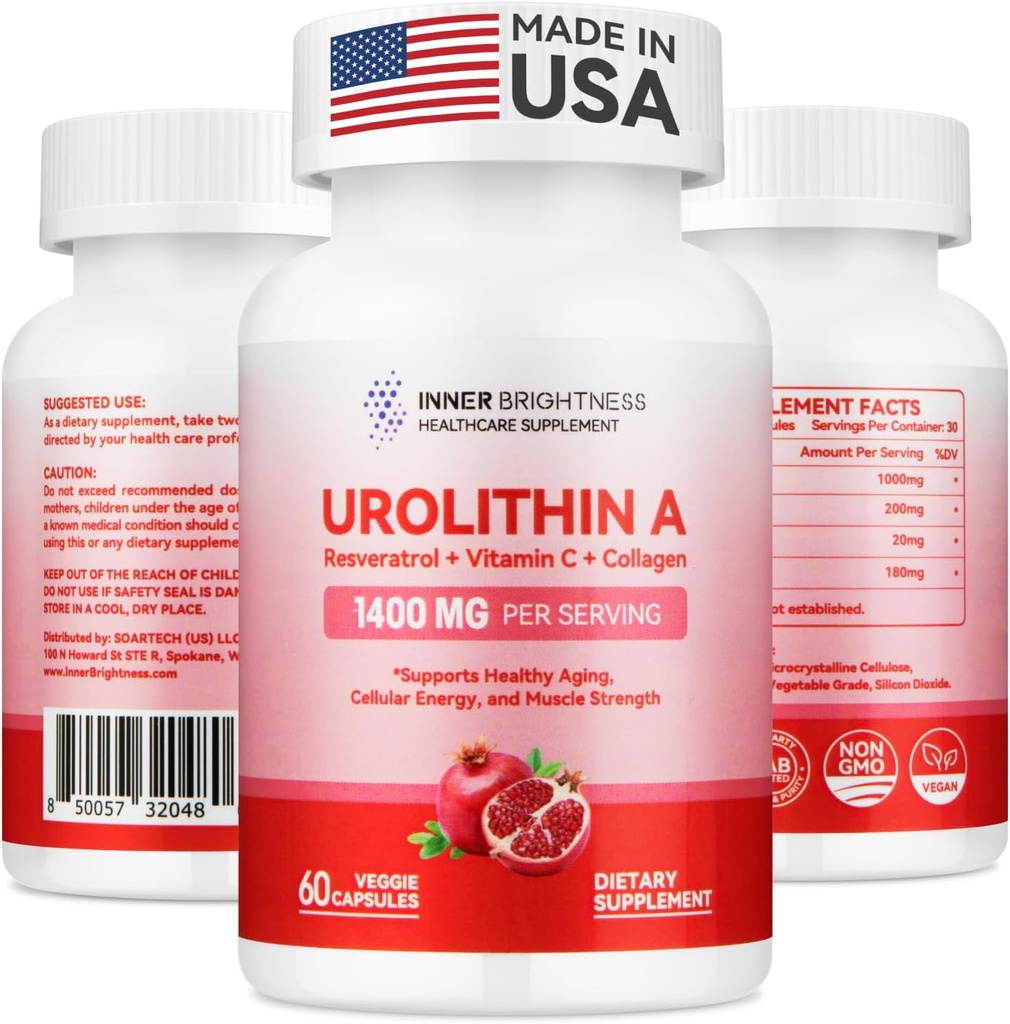 Urolithin A 补编 1400 MG - 非GMO、无胶原体、抗衰老、细胞更新、肌肉强力、耐力和长寿支持、Liposomal Urolithin A, 60 Counter