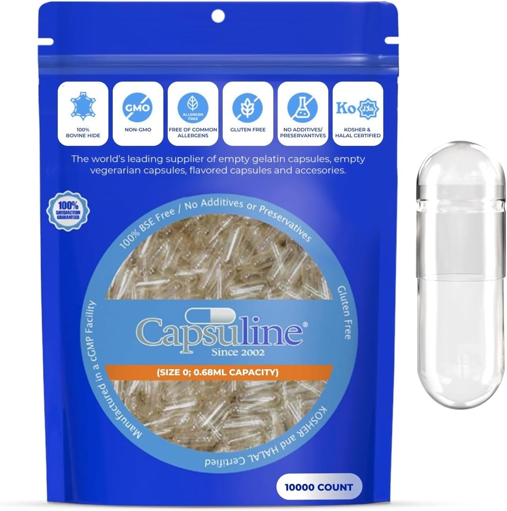 Capsuline Size 0 空 Gelatin Capsules, Clear - 10000 Counter QQ Gluten Free, Kosher, 非GMO 认证的 DIY 补充填充的纯波文药片