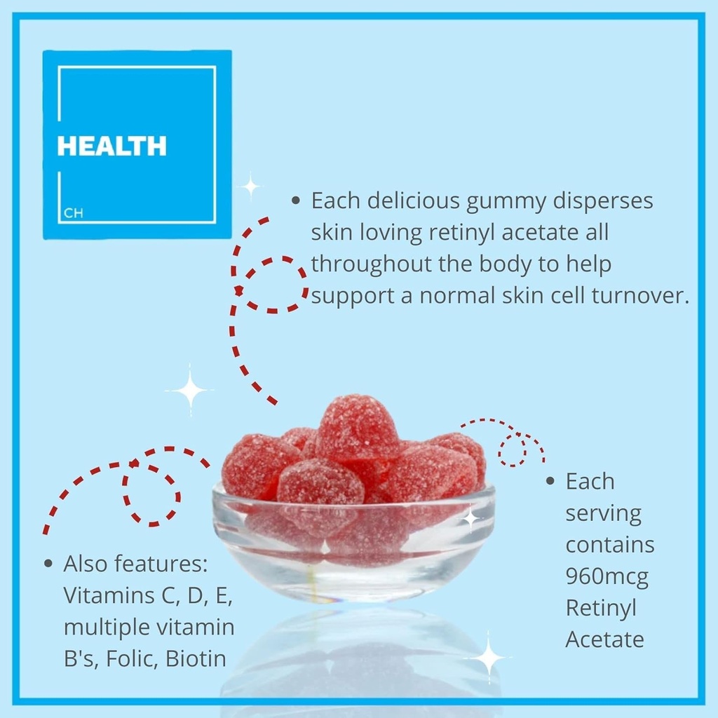 咨询健康 Regenerol - 多维他命 Retinol Gummy - 抗衰老维生素A补充剂 - 光荣,青春和清皮肤强发和钉子 - 维生素B6,B12,C,D3,叶酸,锌 - 60古米