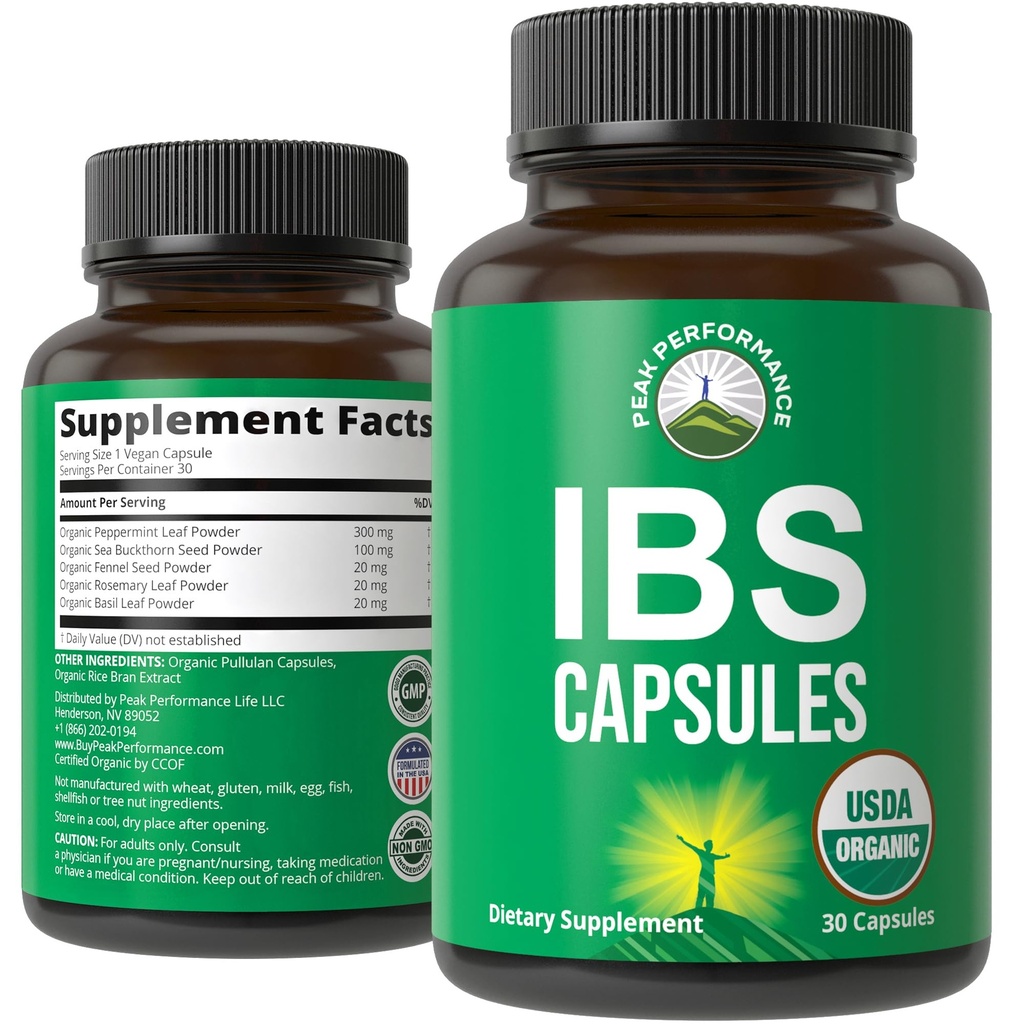 USDA Organic IBS Capsules for Relief, Introduction, Bloating, Gas. Inriable Bowel 补充剂,配有5个手摘有机物. 胡椒薄荷油、海巴克松、芬内尔种子、罗斯玛丽叶、巴西尔叶