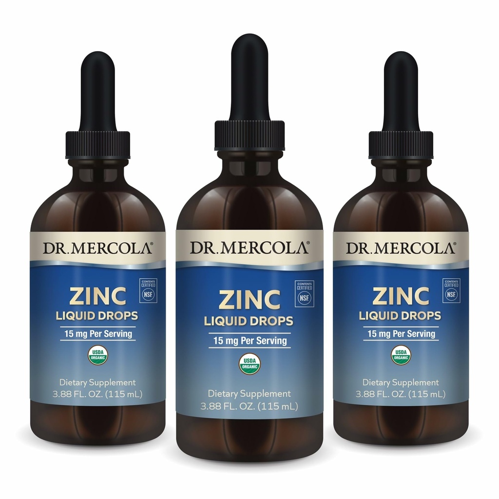 Mercola Zinc Liquid Drops博士 - 支持Immune和器官健康 - 15毫克有机锌 Liquid Drops - USDA Organization - NSF认证 - 非GMO,Gluten-Free & Soy-Free - 3.88 fl oz(3 Pack)