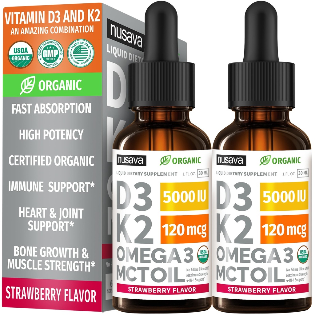 (2包)有机维生素D3 K2 与MCT Oil Omega 3-最大强度液态D3 配无填充器,非GMO用于加速吸收,免疫支持 (Strawberry, 2 Fl Oz)